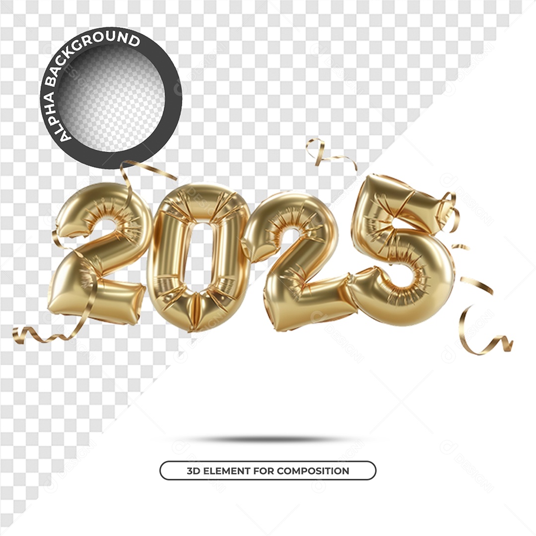 Ano Novo 2025 Elemento 3D Dourado para Composição PSD
