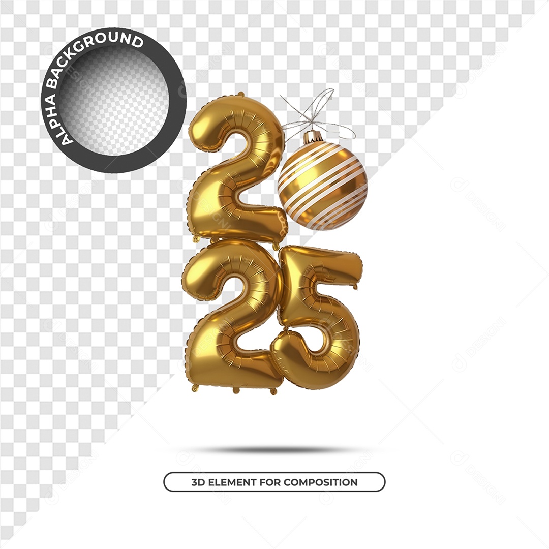 Ano Novo 2025 Elemento 3D Dourado para Composição PSD