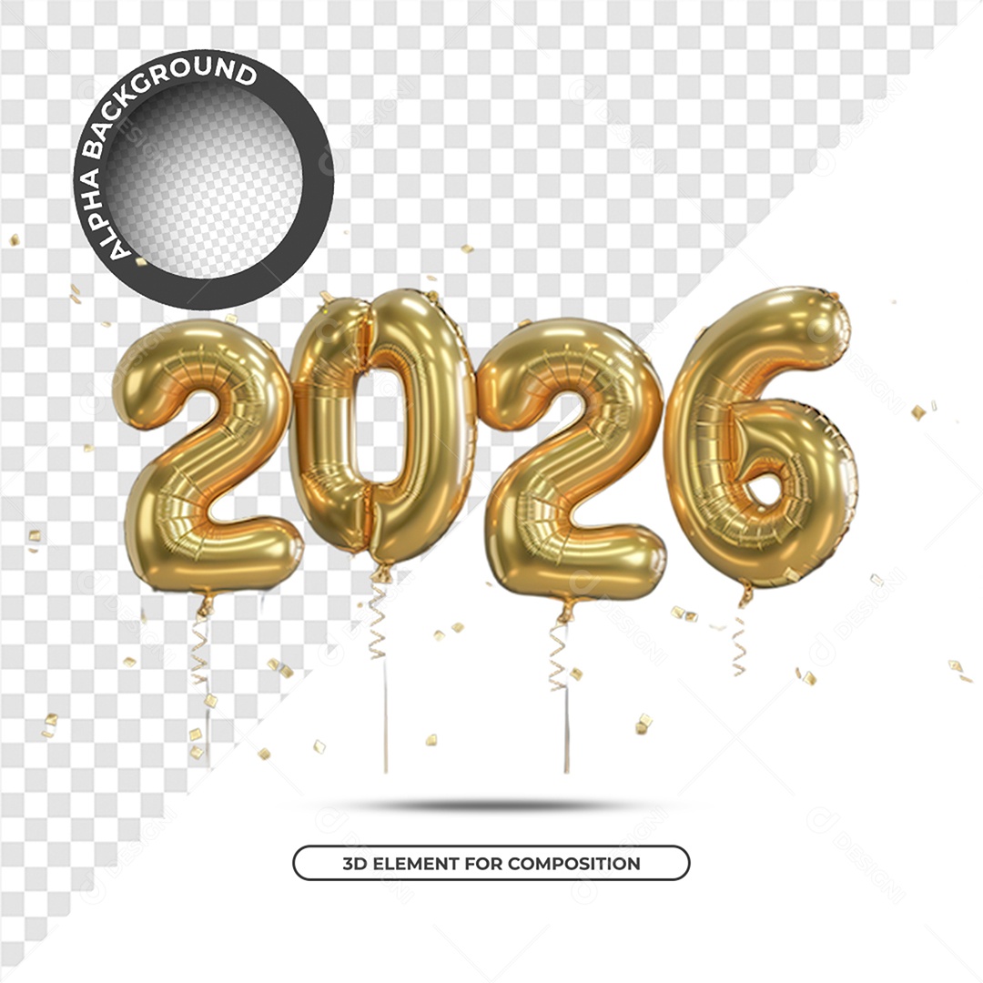 Ano Novo 2026 Elemento 3D Dourado para Composição PSD