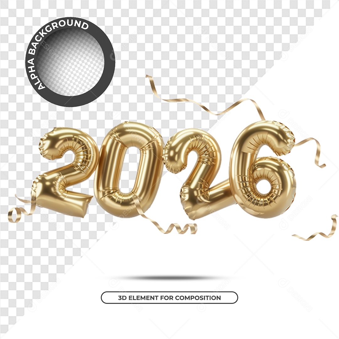 Ano Novo 2026 Elemento 3D Dourado para Composição PSD