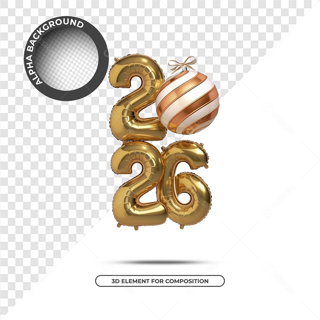 Ano Novo 2026 Elemento 3D Dourado para Composição PSD