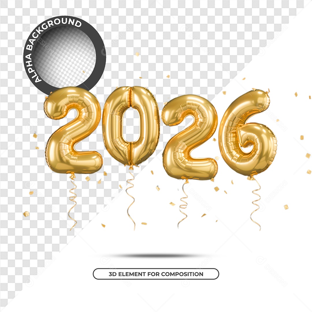 Ano Novo 2026 Elemento 3D Dourado para Composição PSD
