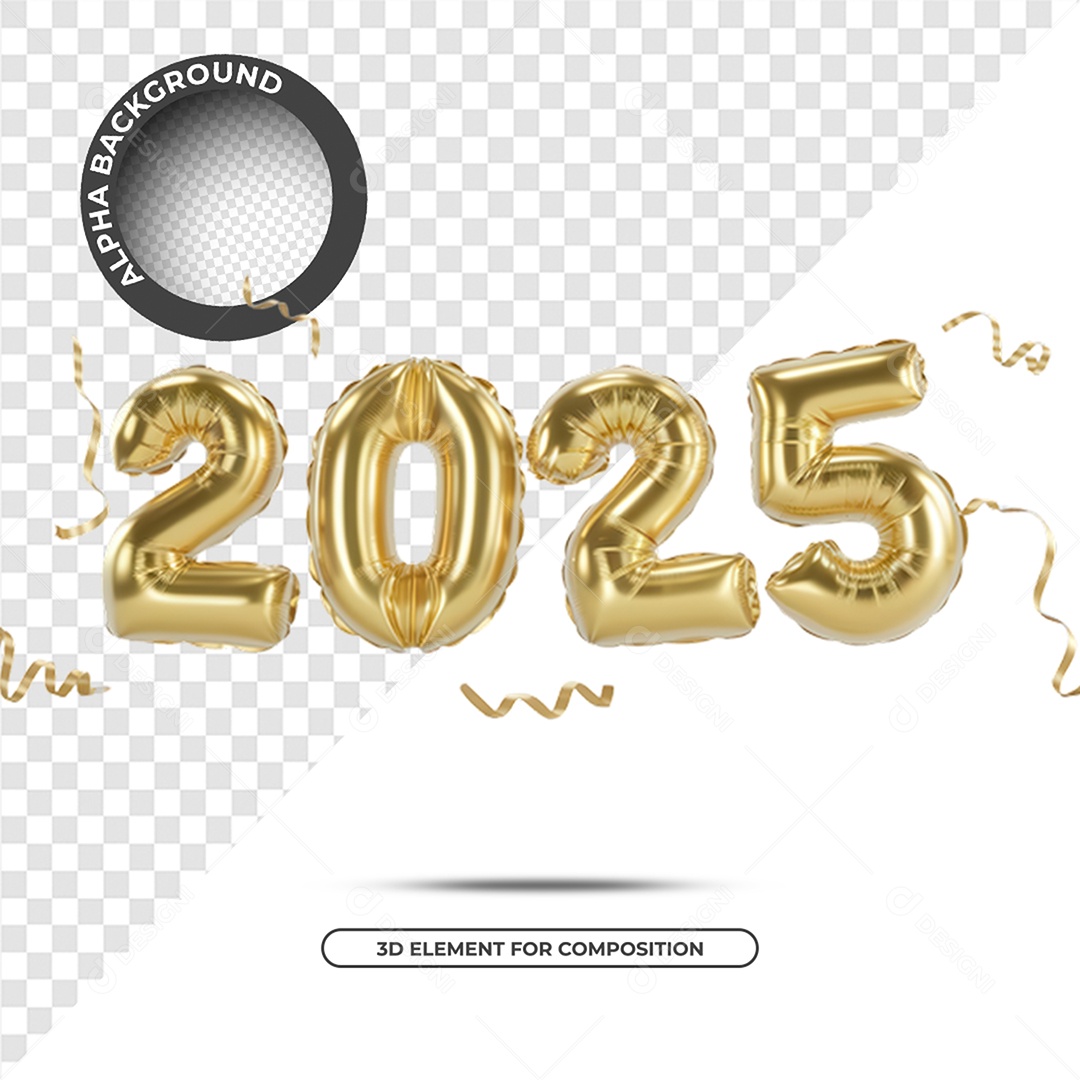 Ano Novo 2025 Elemento 3D Dourado para Composição PSD