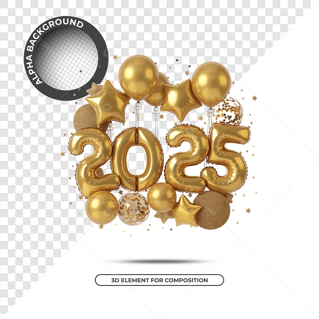 Ano Novo 2025 Elemento 3D Dourado para Composição PSD