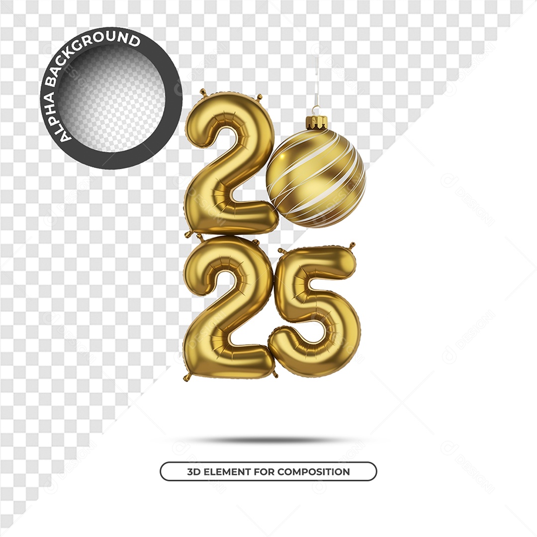 Ano Novo 2025 Elemento 3D Dourado para Composição PSD