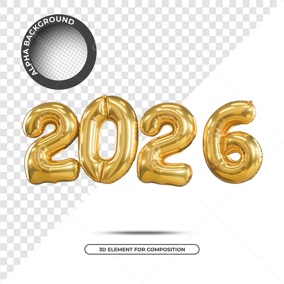 Ano Novo 2026 Elemento 3D Dourado para Composição PSD