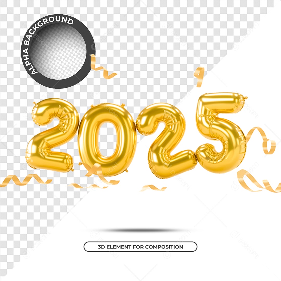 Ano Novo 2025 Elemento 3D Dourado para Composição PSD