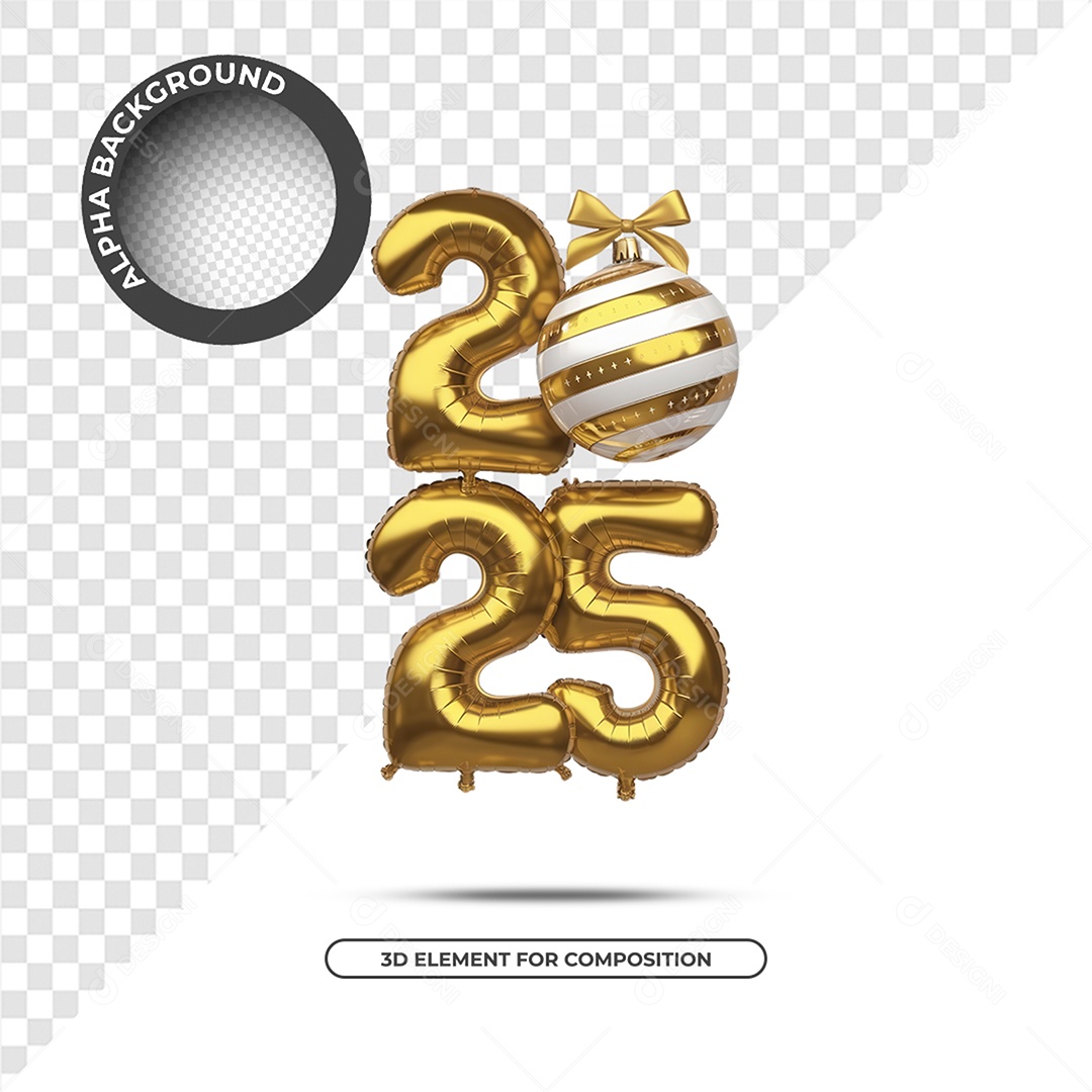 Ano Novo 2025 Elemento 3D Dourado para Composição PSD