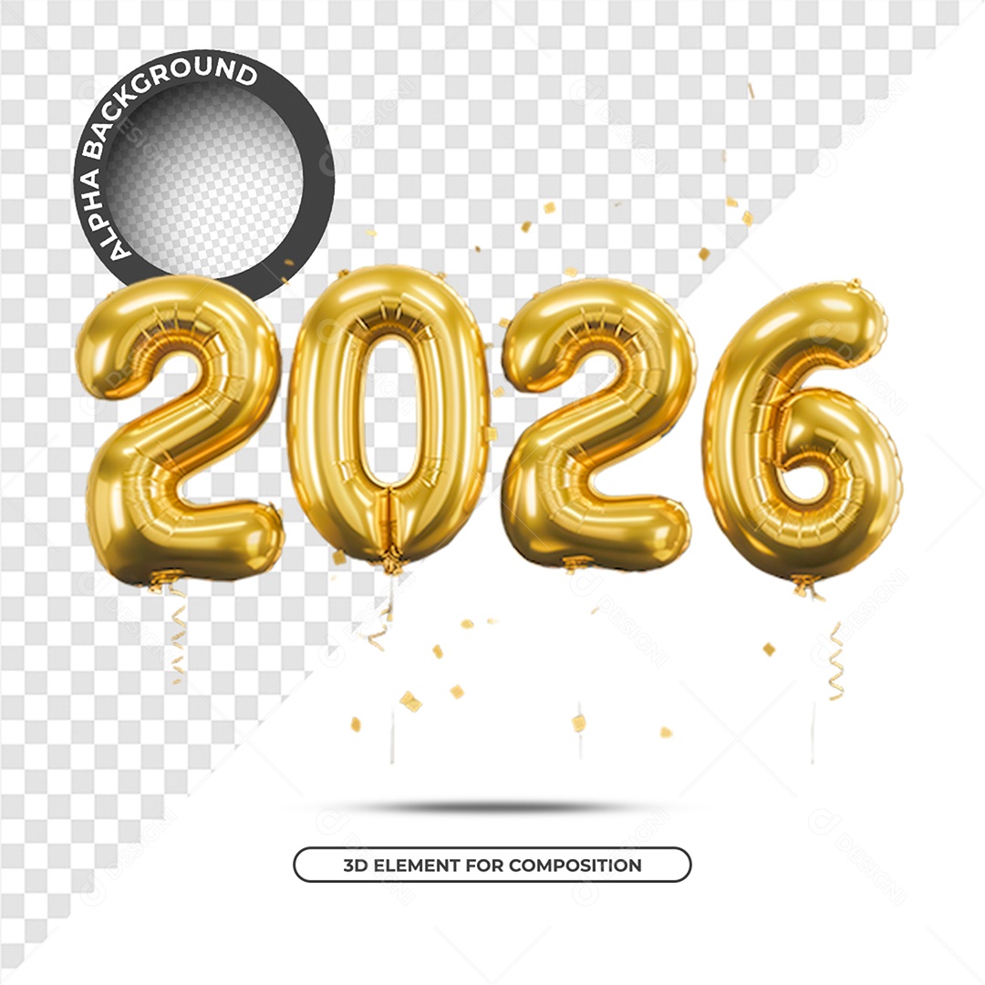 Ano Novo 2026 Elemento 3D Dourado para Composição PSD