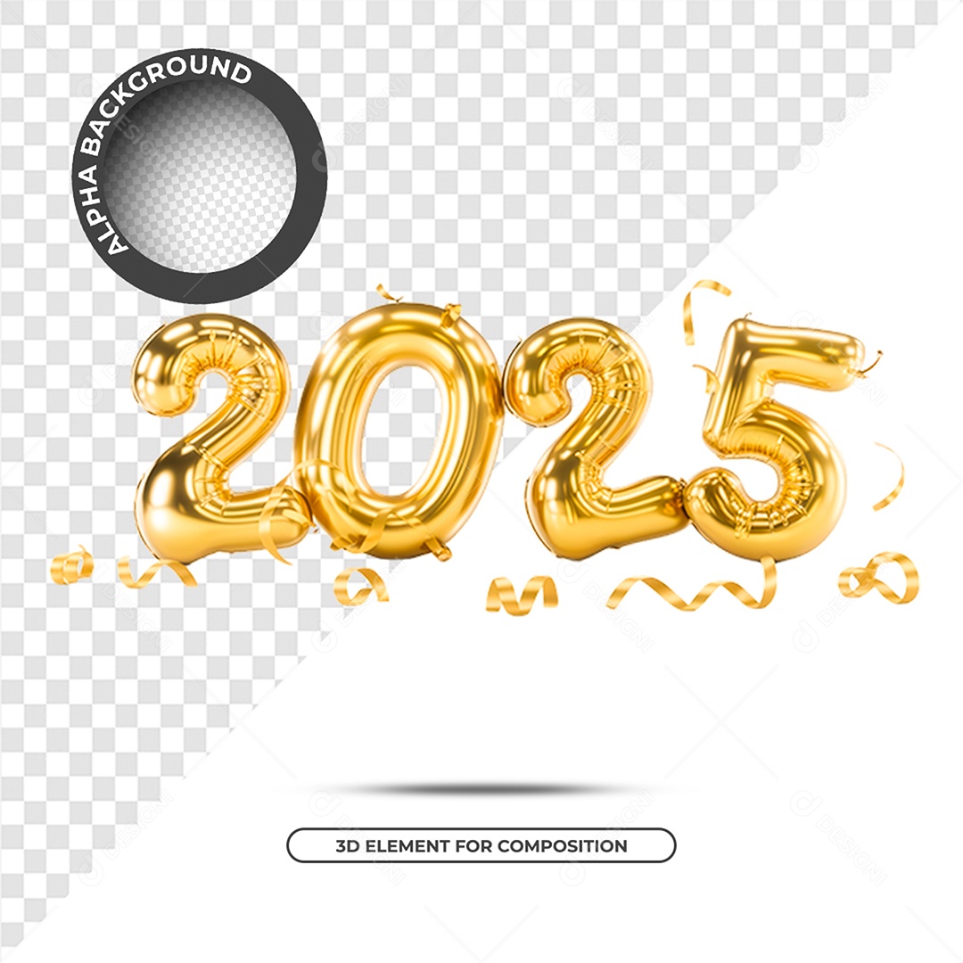 Ano Novo 2025 Elemento 3D Dourado para Composição PSD