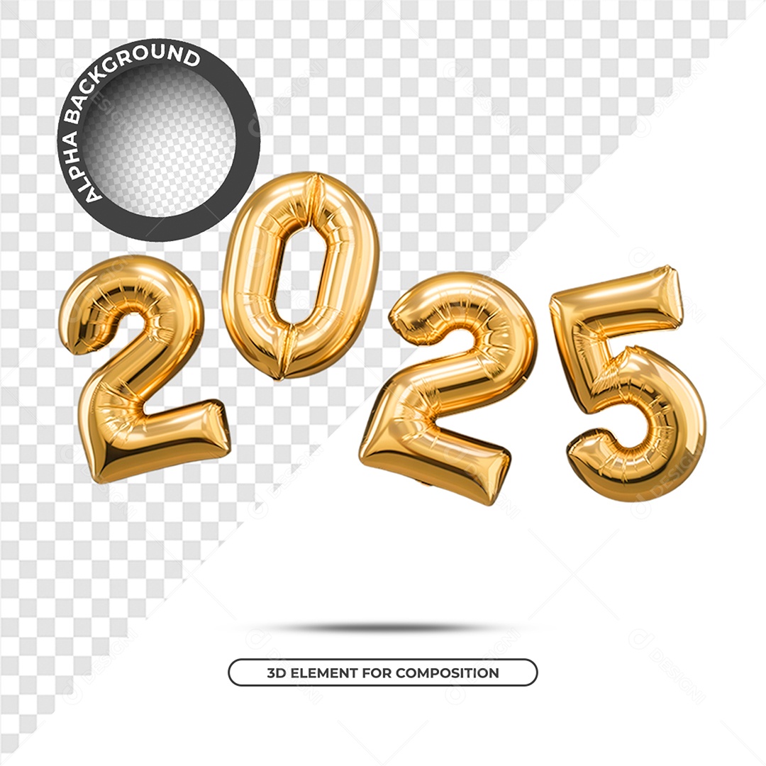 Ano Novo 2025 Elemento 3D Dourado para Composição PSD