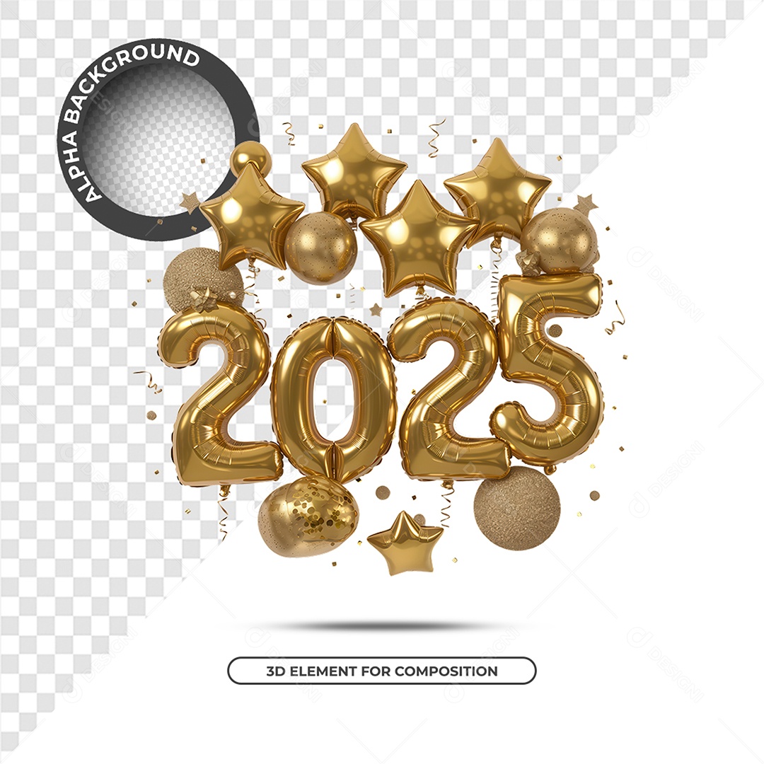 Ano Novo 2025 Elemento 3D Dourado para Composição PSD