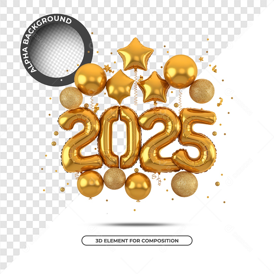 Ano Novo 2025 Elemento 3D Dourado para Composição PSD