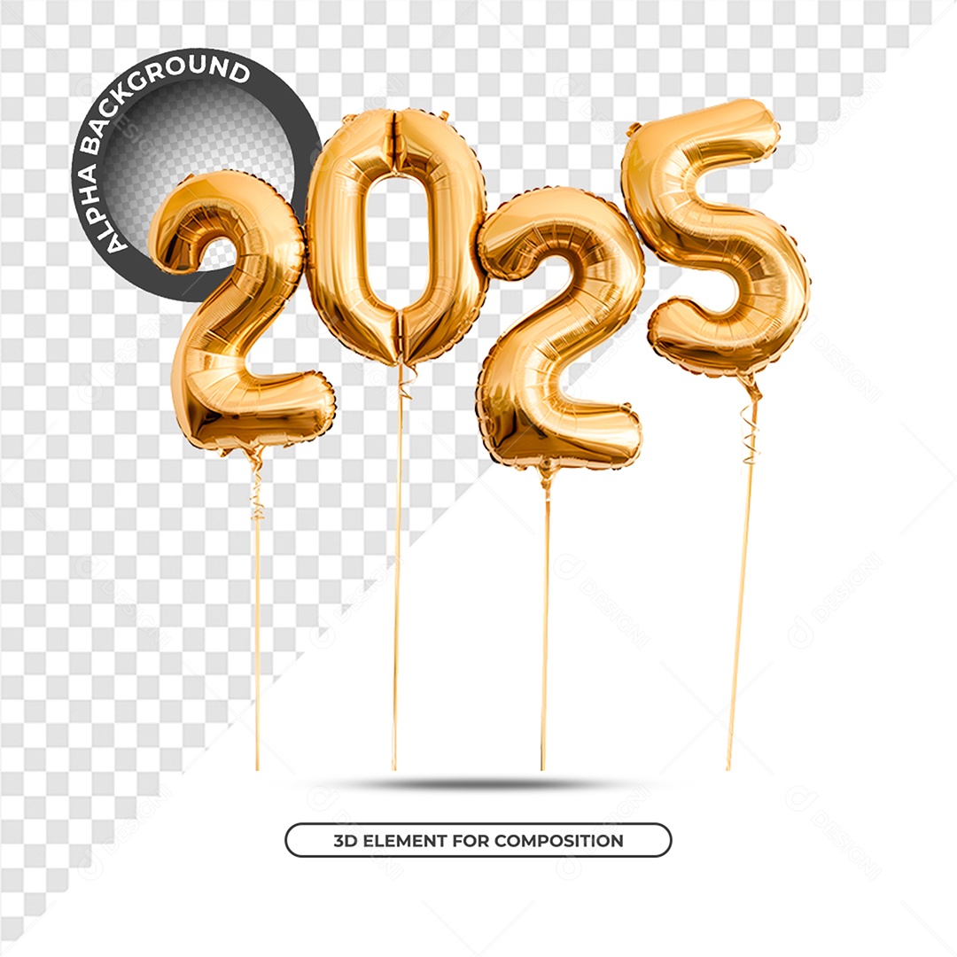 Ano Novo 2025 Elemento 3D Dourado para Composição PSD