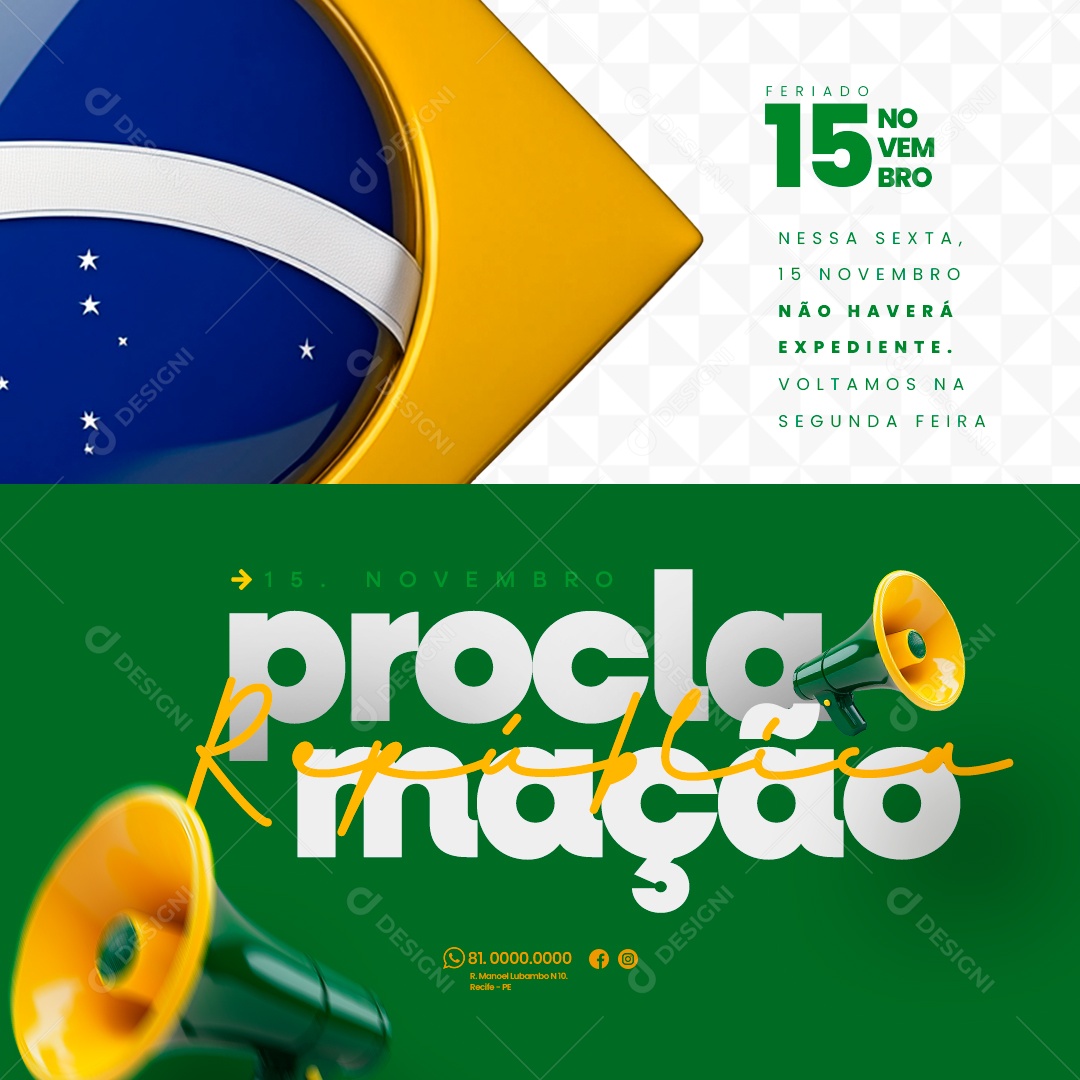 Comunicado Feriado Proclamação da República Social Media PSD Editável