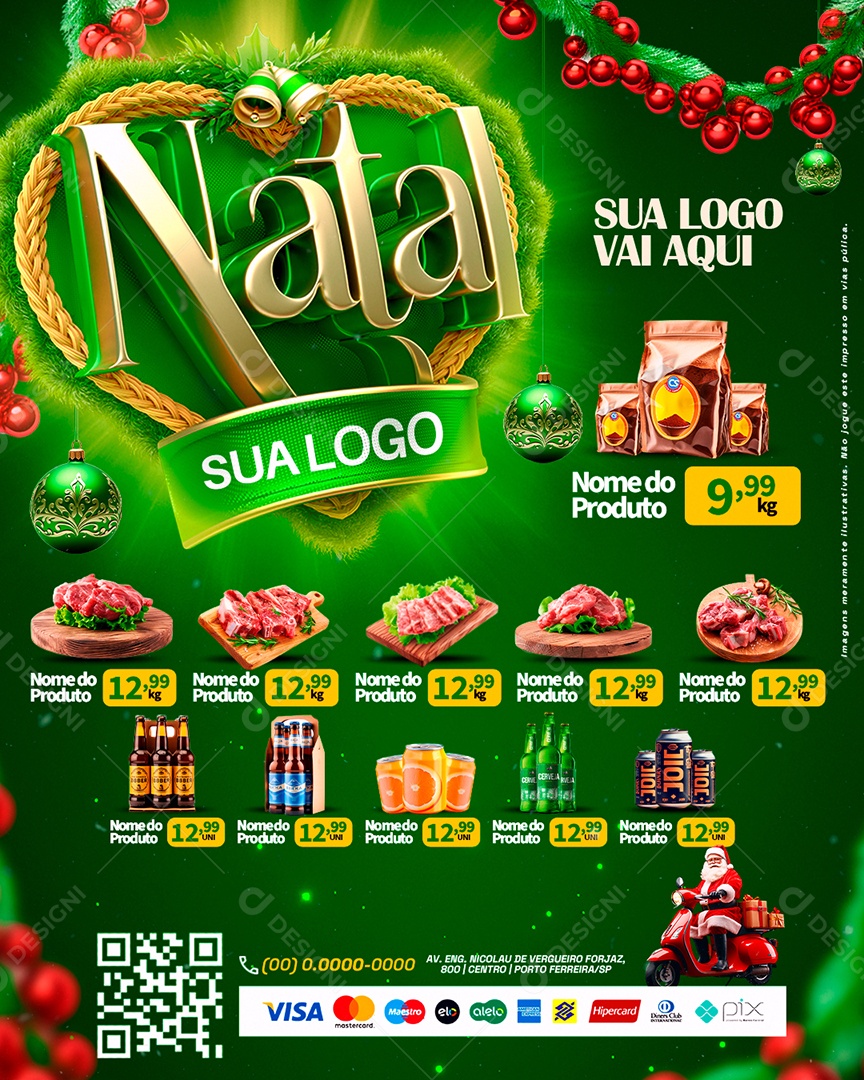 Tabloide Natal Supermercado Produtos Bebidas Carnes Social Media PSD Editável