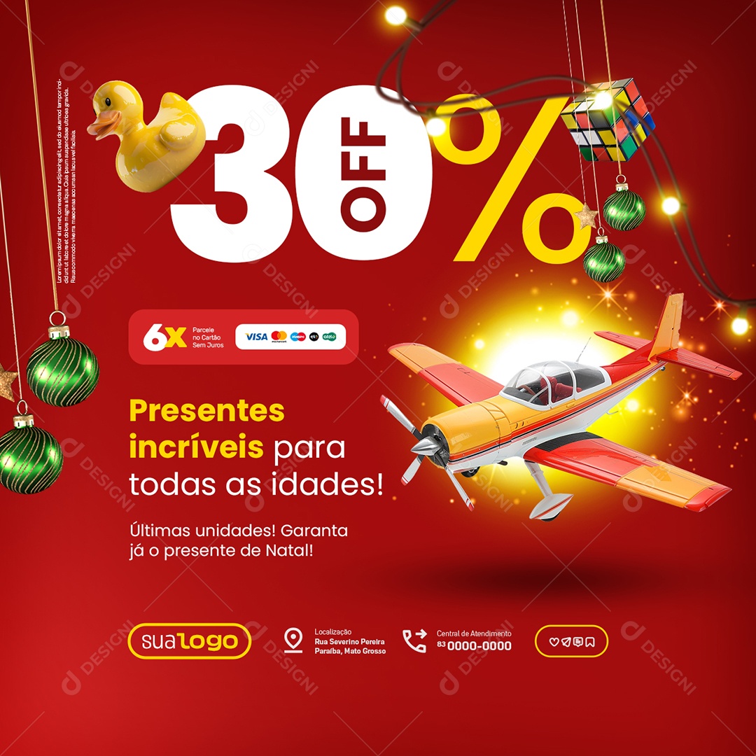 Loja de Brinquedos Natal de Ofertas Presentes Incríveis 30% Off Social Media PSD Editável