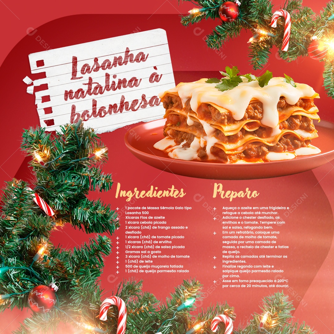 Receita de Natal Lasanha Natalina à Bolonhesa Social Media PSD Editável
