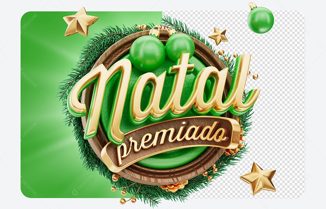 Selo 3D Natal Premiado Verde Composição PSD