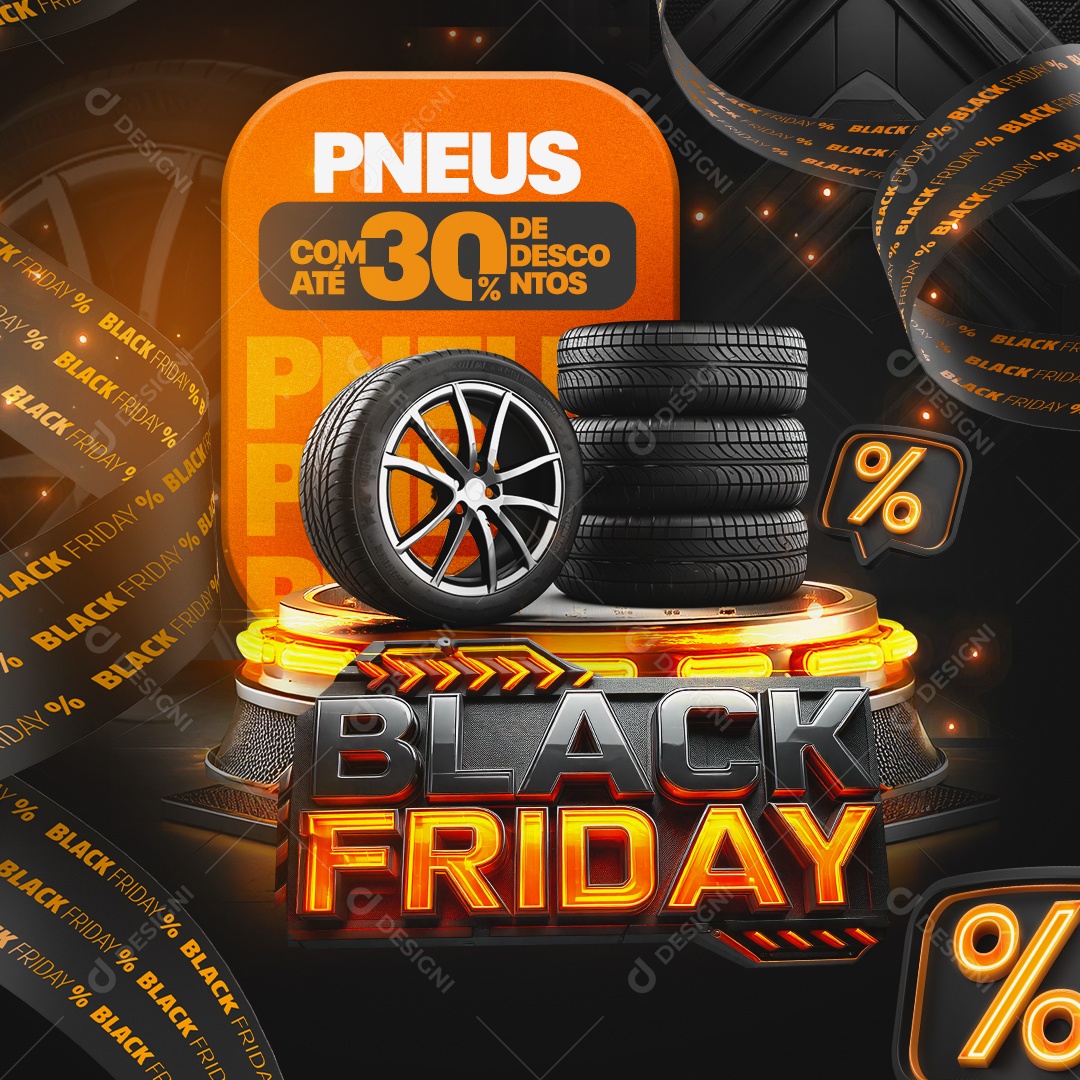 Black Friday Loja de Pneus Com Até 30% de Desconto Social Media PSD Editável