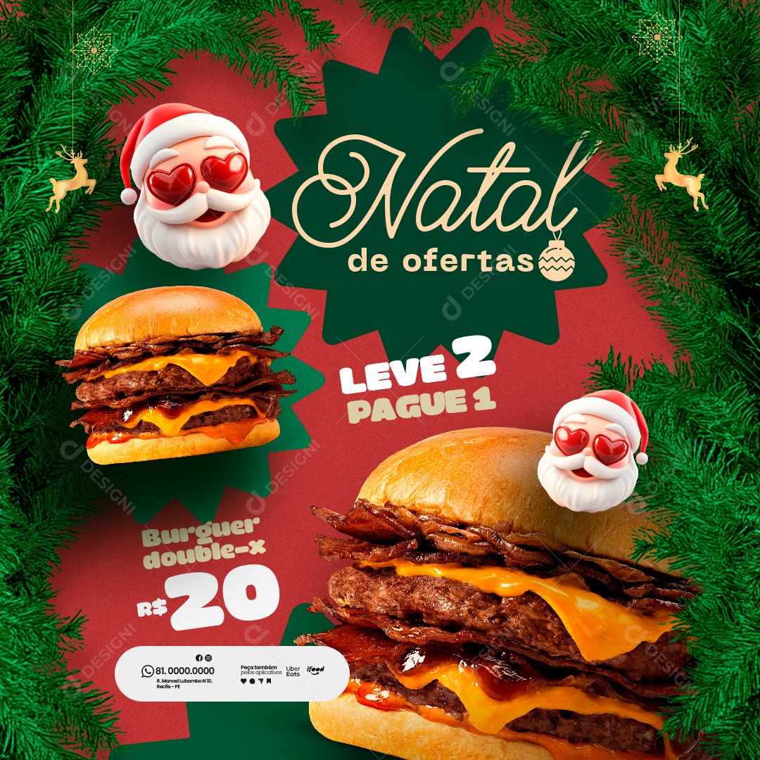 Burguer Natal de Ofertas Leve 2 Pague 1 Social Media PSD Editável