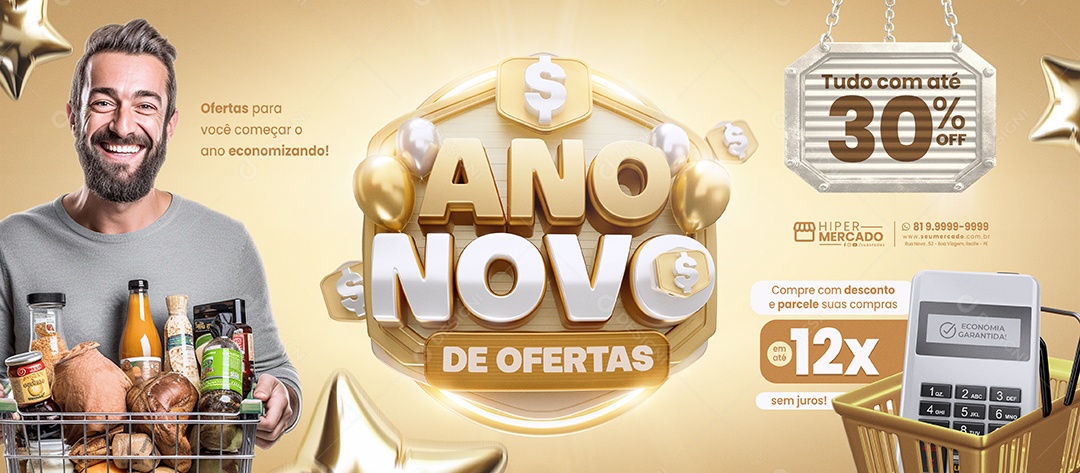 Banner Supermercado Ano Novo De Ofertas Tudo com Até 30 % Off Social Media PSD Editável