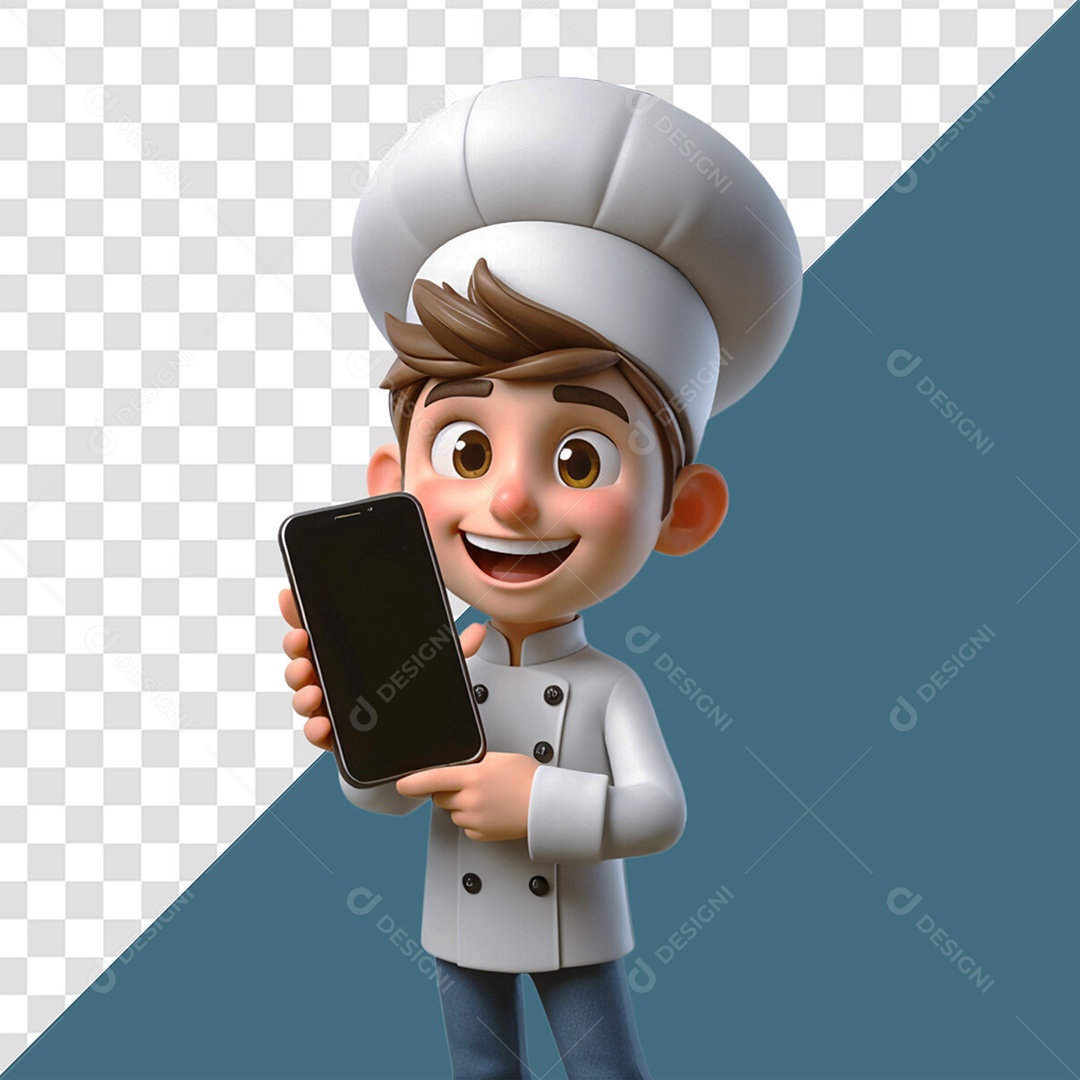 Personagem 3D Chef Cozinheiro Segurando Celular para Composição PSD