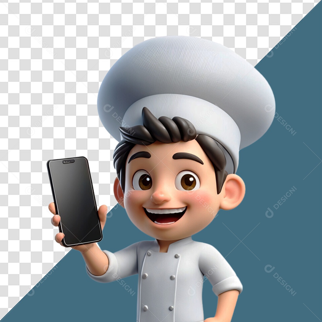 Personagem 3D Chef Cozinheiro Segurando Celular para Composição PSD