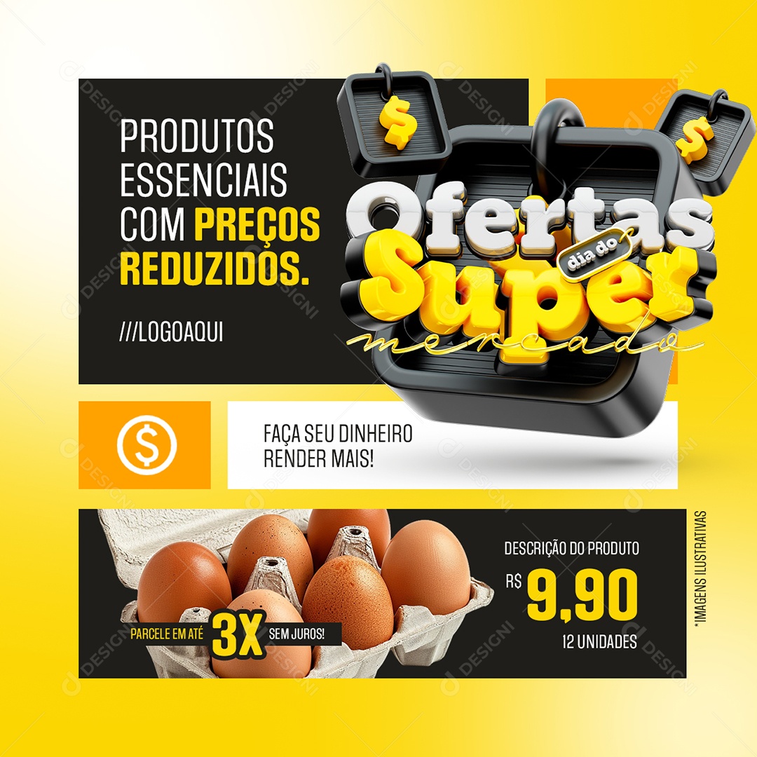 Ofertas Dia do Supermercado Produtos Essencias Social Media PSD Editável