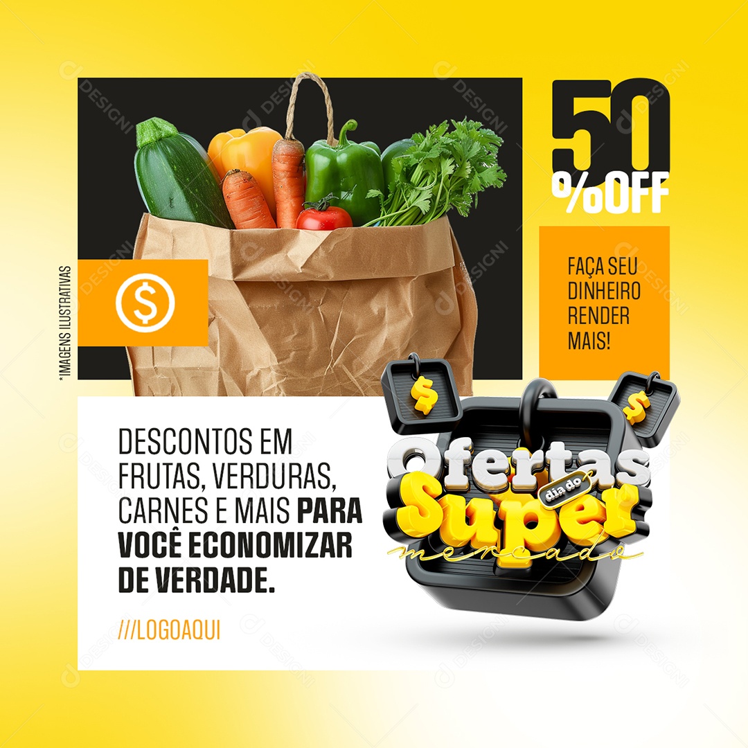 Ofertas Dia do Supermercado Descontos em Frutas Verduras Hortifruti Social Media PSD Editável