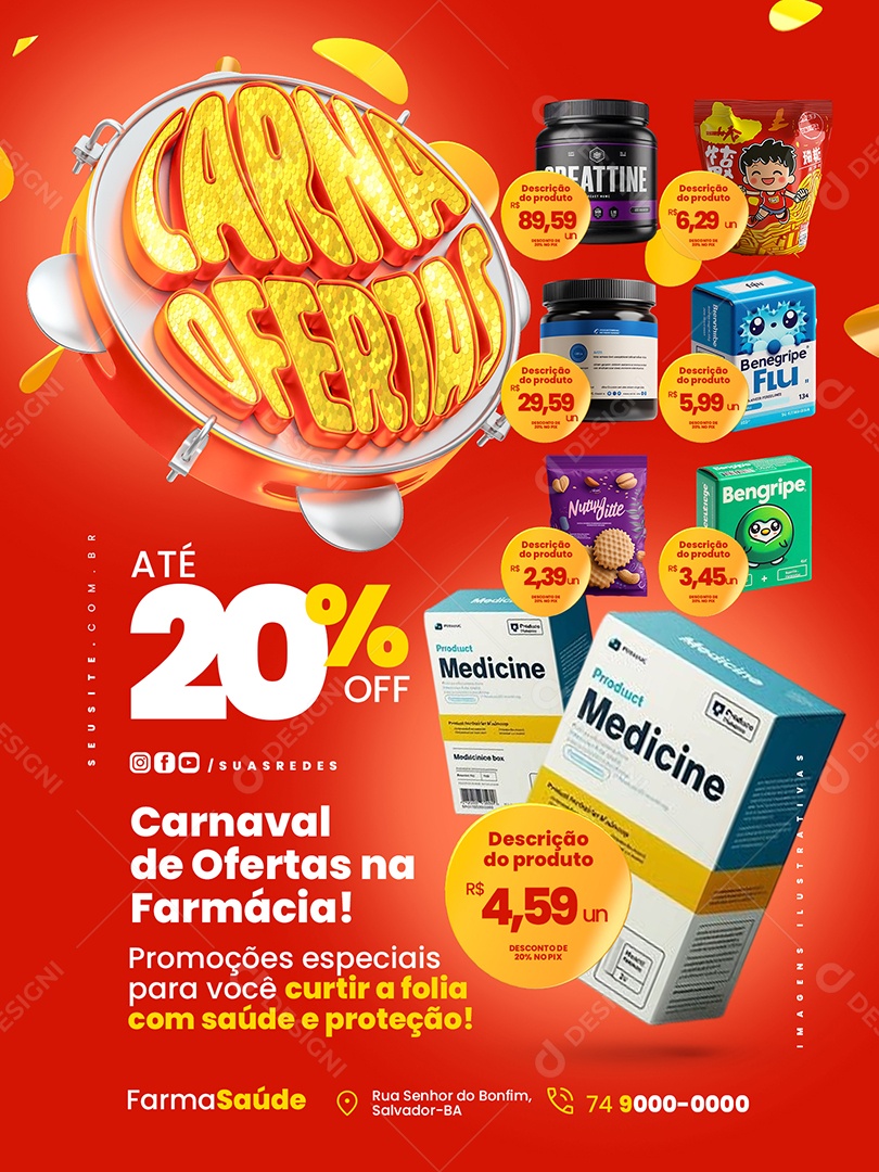 Carna Ofertas Farmácia Encarte Carnaval de Ofertas Social Media PSD Editável
