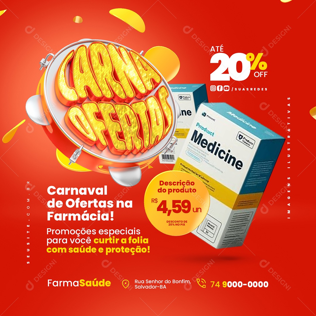 Carna Ofertas Farmácia Carnaval de Ofertas Social Media PSD Editável