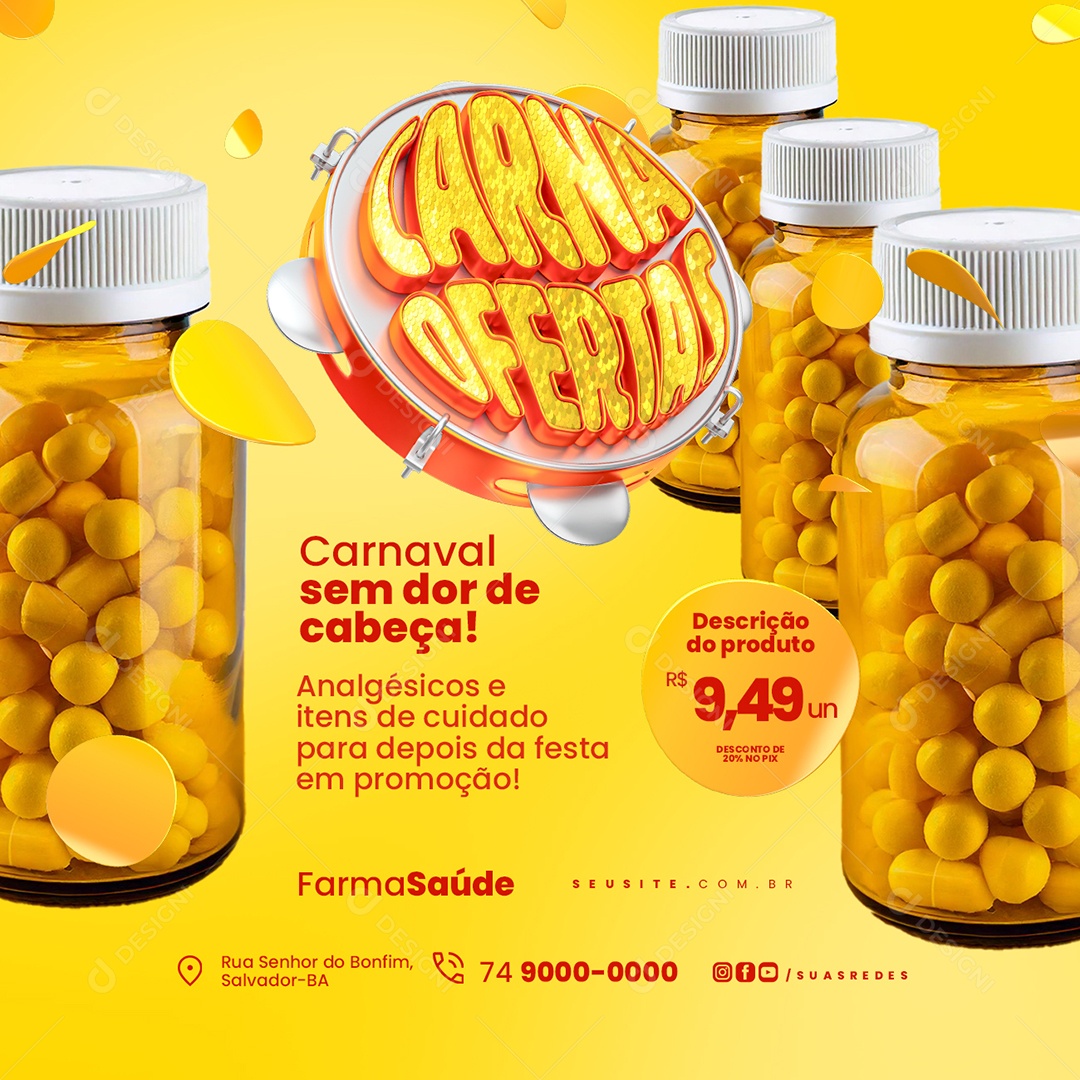 Carna Ofertas Farmácia Carnaval Sem Dor de Cabeça Social Media PSD Editável
