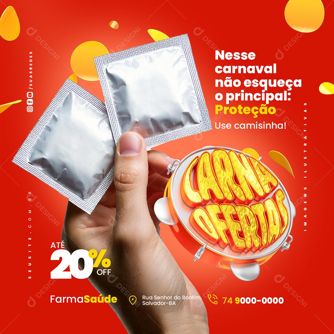 Carna Ofertas Farmácia Carnaval Proteção Use Camisinha Social Media PSD Editável