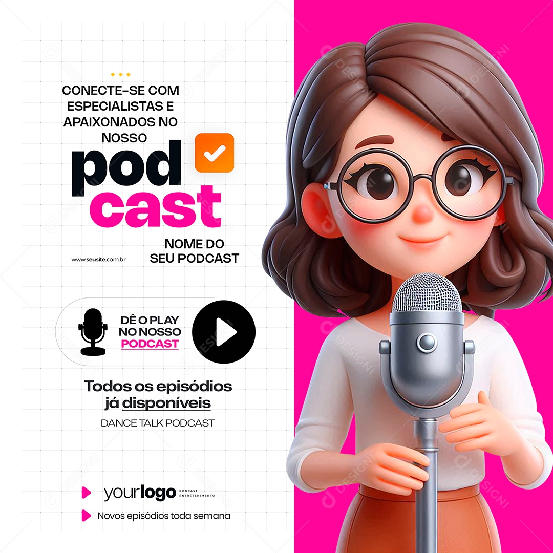 Podcast Todos Episódios Já Disponiveis Plataformas Social Media PSD Editável