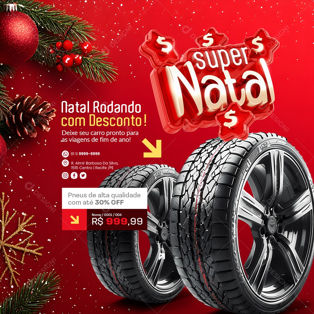 Super Natal Rodando com Desconto Pneus de Alta Qualidade Social Media PSD Editável