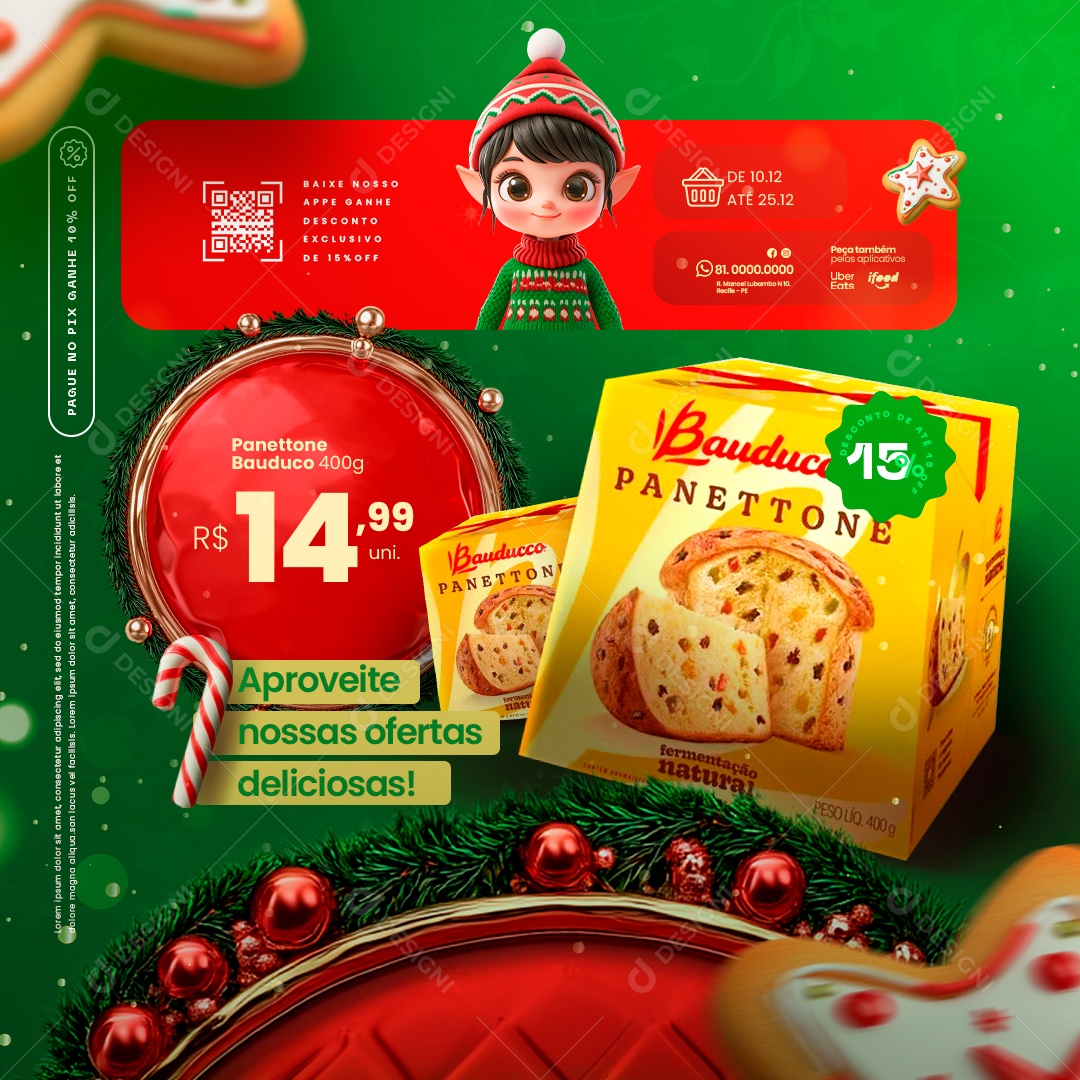 Ofertas de Natal de Promoção de Panetone Social Media PSD Editável