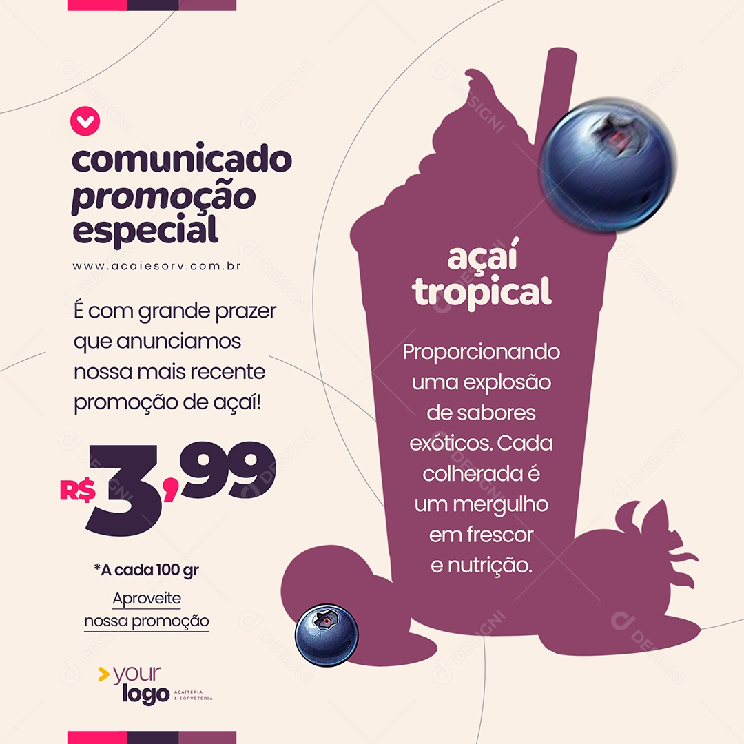 Açaiteria Comunicado Promoção Especial Social Media PSD Editável