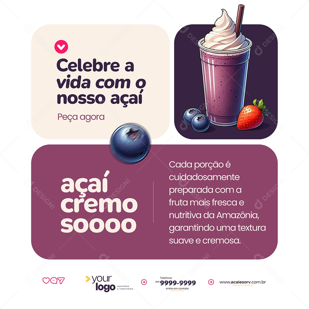 Açaiteria Celebre a Vida Com o Nosso Açai Social Media PSD Editável