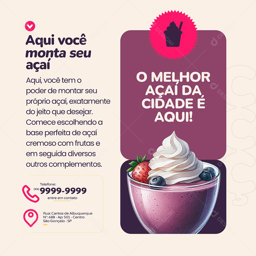 Açaiteria Aqui Você Monta seu Açai Social Media PSD Editável