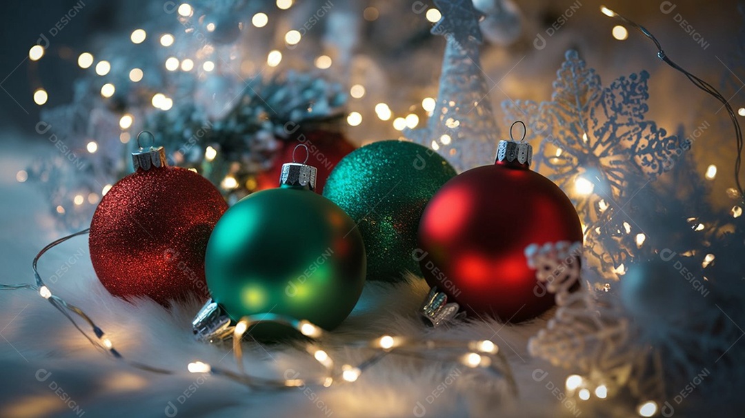 Bolas coloridas com pisca pisca e estrelas enfeites natalinos
