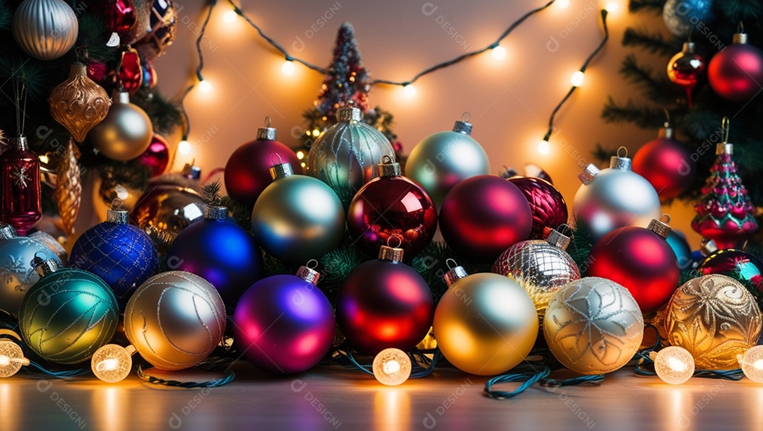 Árvores e enfeites natalinos coloridas com luzes