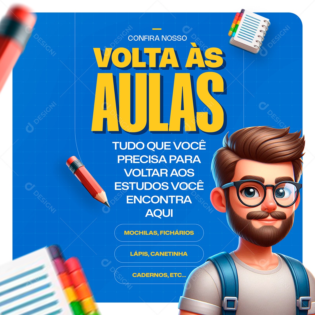 Volta Ás Aulas Tudo o que você Precisa Para Voltar Aos Estudos Você Encontra Aqui Social Media PSD Editável