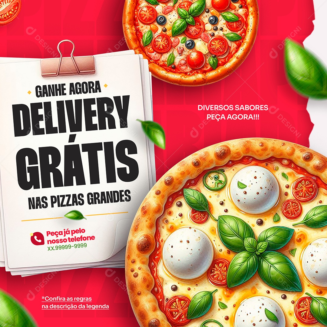 Ganhe Agora Delivery Grátis Nas Pizzas Grandes Social Media PSD Editável