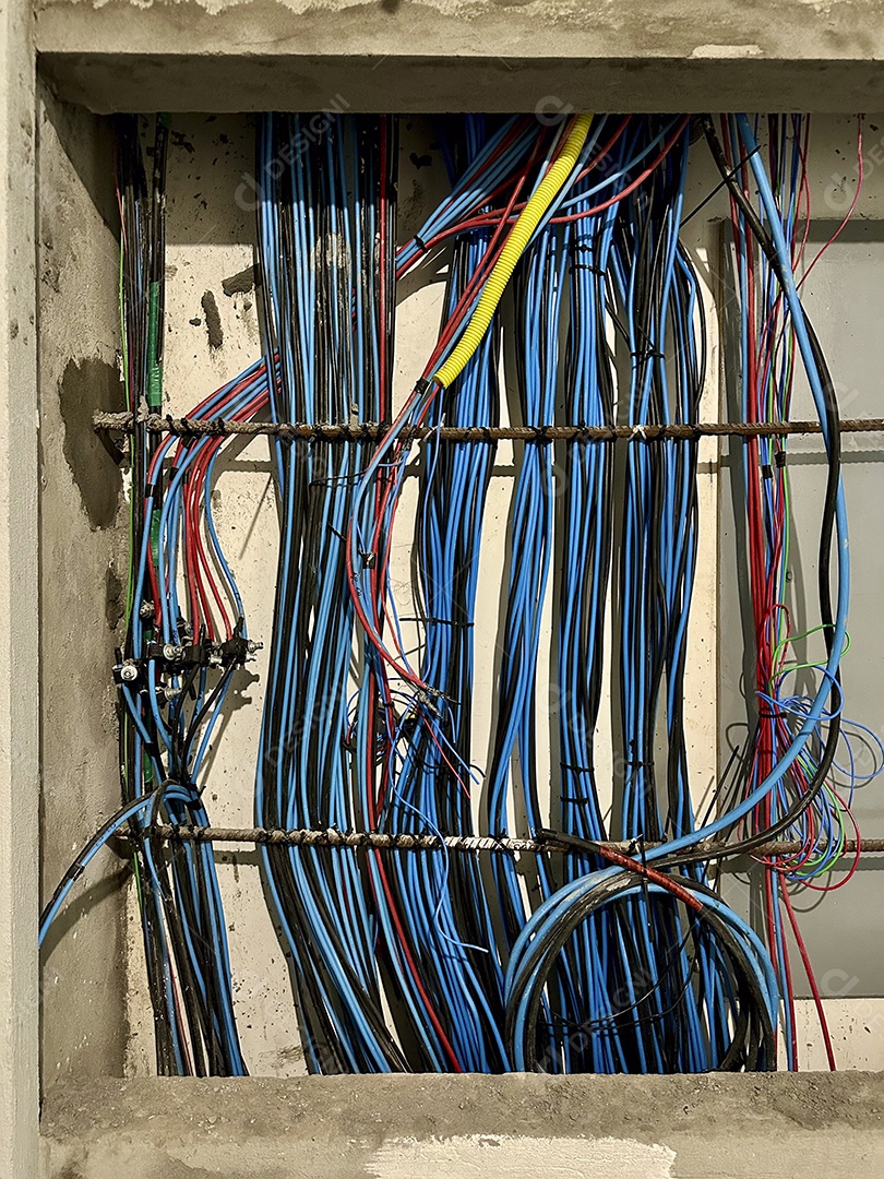 Fios e cabos elétricos sendo instalados em um canteiro de obras