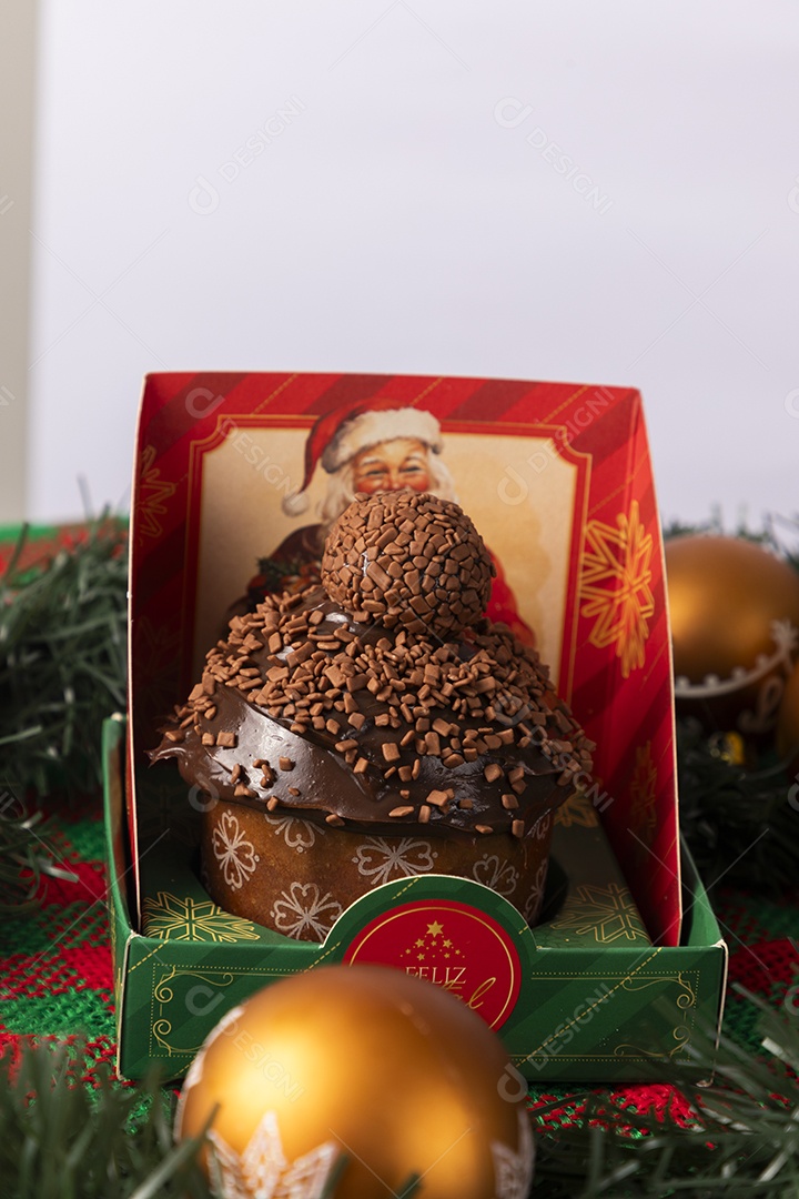 Caixinha decorada com panetone dentro simbolizando o natal