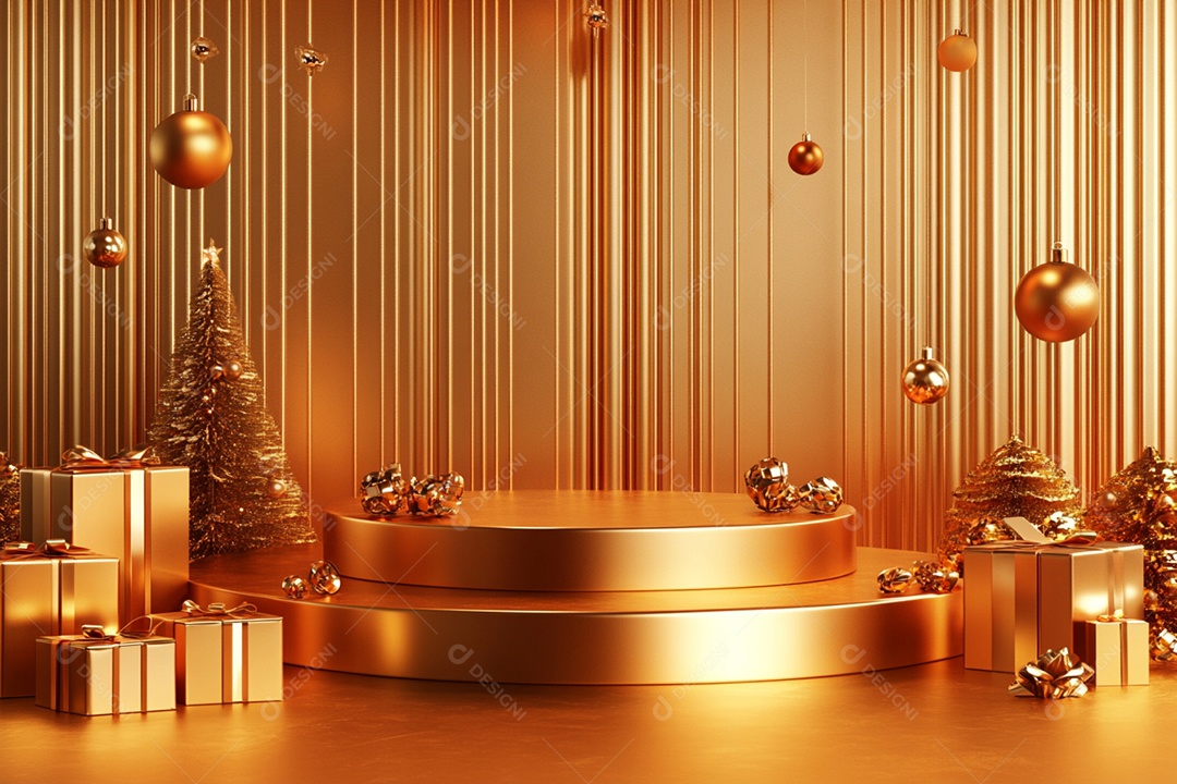 Cenário podium de ano novo sobre fundo dourado