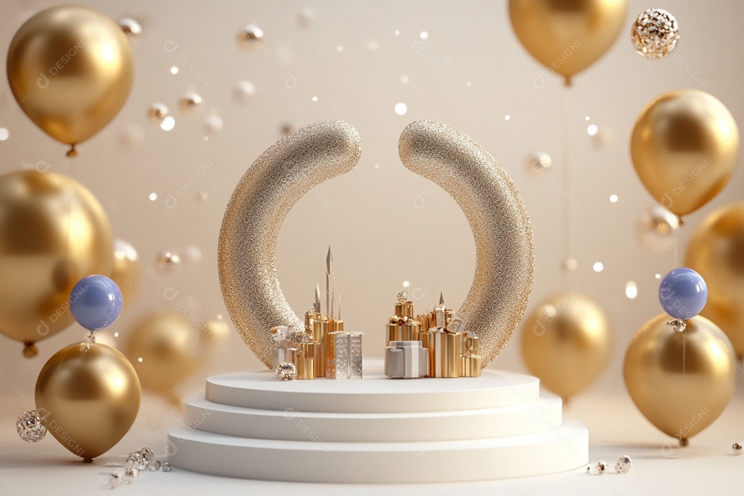 Cenário podium de ano novo sobre fundo branco