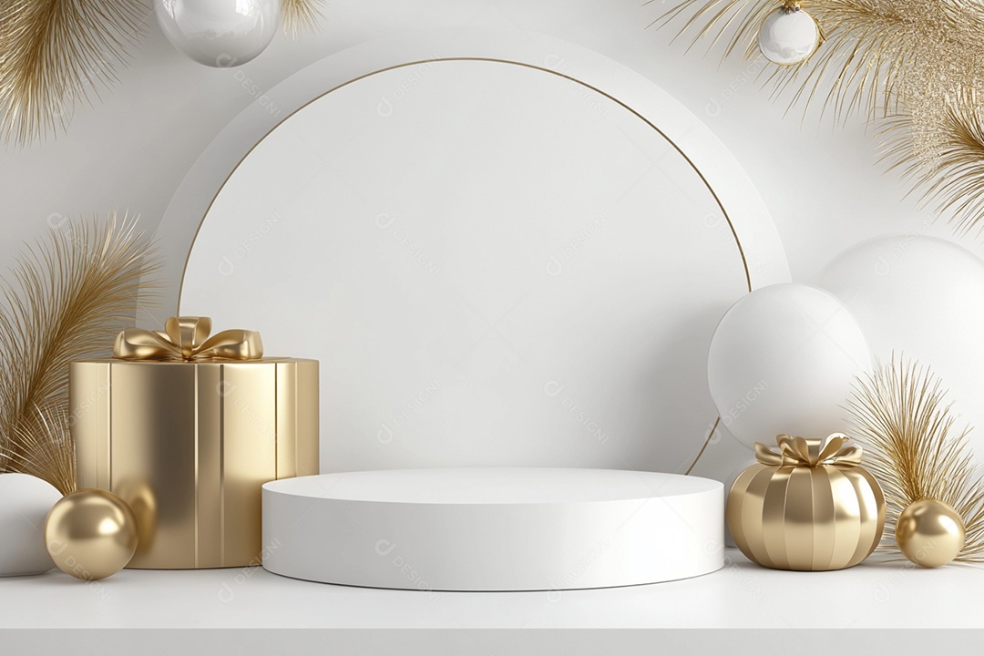 Cenário podium de ano novo sobre fundo branco