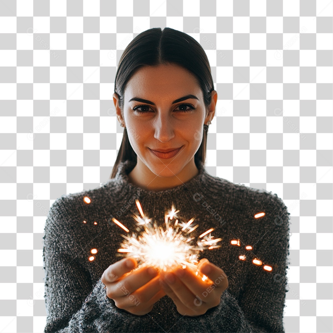 Mulher Sorrindo com Fogos PNG Transparente